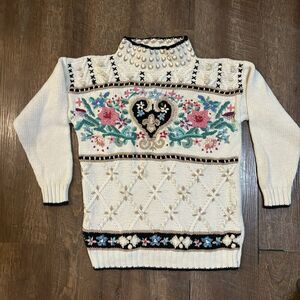 Beldoch Popper vintage Pullover Sweater embellished Floral Heart cotton ramie M